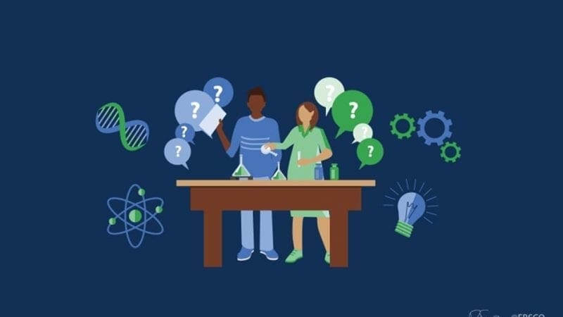 An illustration of two young adults in a science classroom with question bubbles abound.