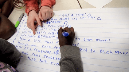 Two elementary school students' hands hovering over a paper filled with their own questions.