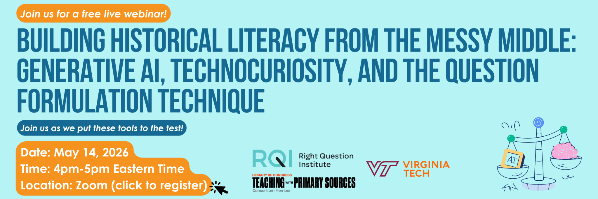 Banner showing title of webinar about the QFT, AI, and historical literacy